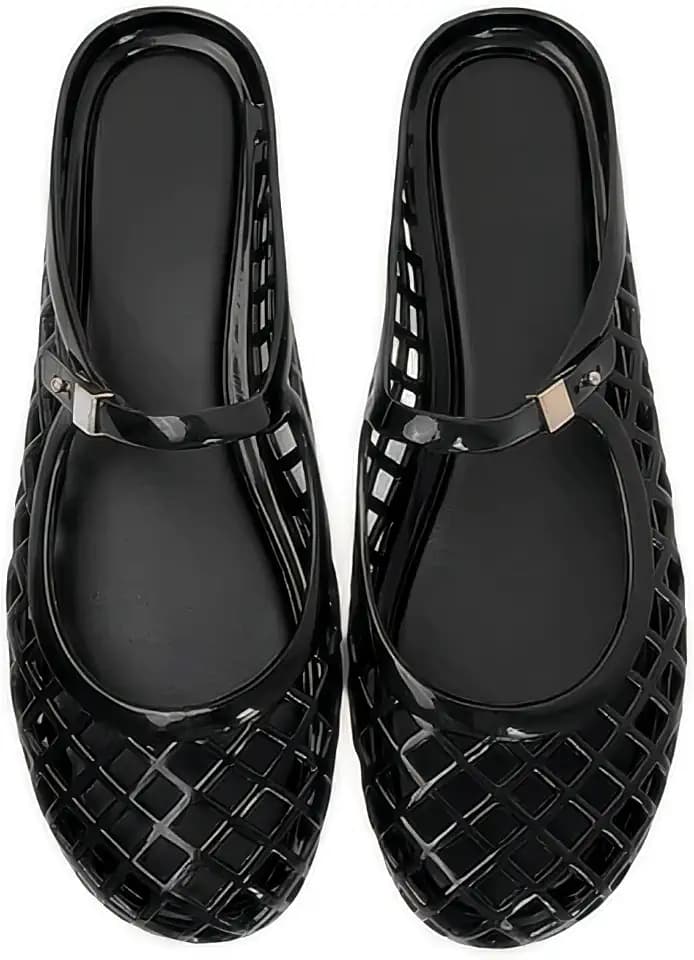 Flat Jelly Sandals for Women Mesh Mules Rounded Toe Slides Comfortable Summer Beach Shoes