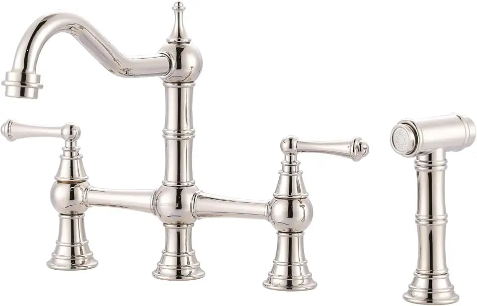 WOWOW Brass Bridge Kitchen Faucet 4 Hole with Side Sprayer, Polished Nickel