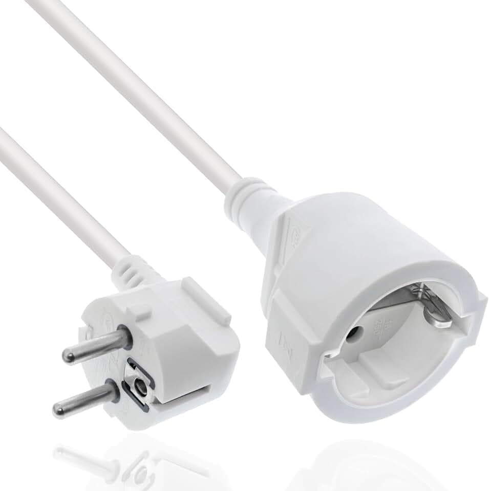 Inline Verlängerungskabel, Stromkabel, 20m, Schutzkontakt Stecker gewinkelt/Buchse, H05VV-F, Innenbereich, erhöhter Berührungsschutz, weiß, 16410Z