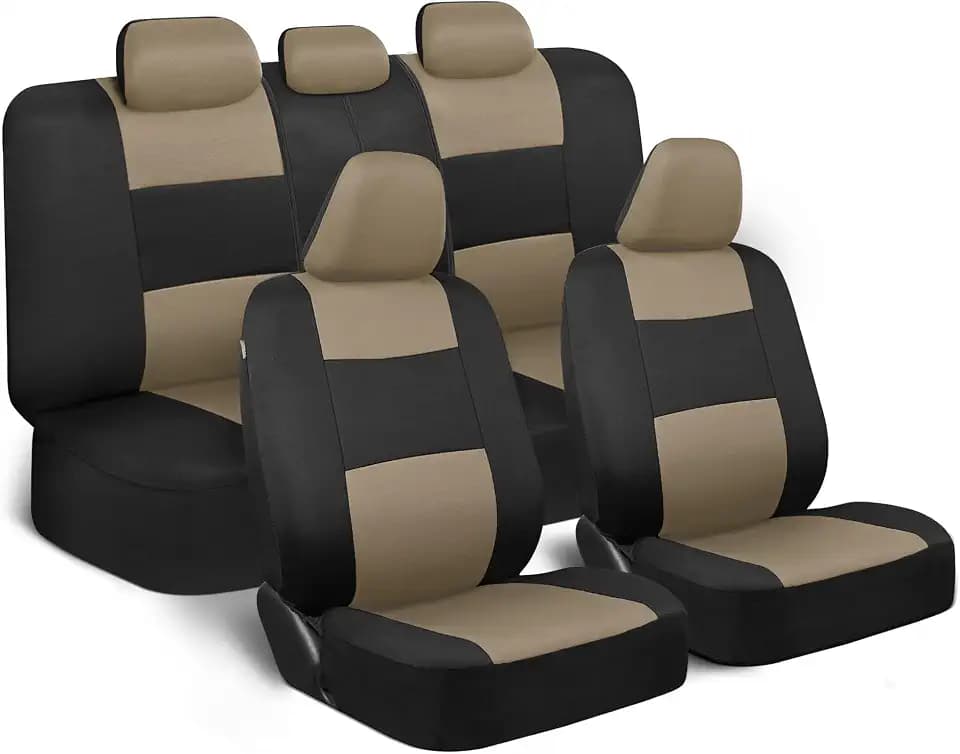 BDK PolyPro Seat Covers Full Set in Beige on Black – Front and Rear Split Bench Seat Covers for Cars, Easy to Install , Car Accessories for Auto Trucks Van SUV