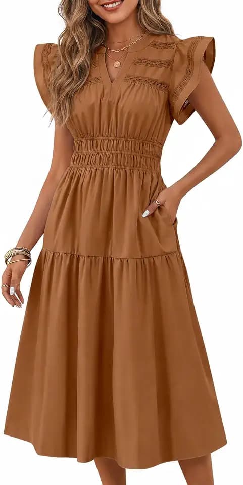 Wenrine Womens 2026 Summer Dresses V Neck Ruffle Cap Sleeve Empire Waist Flowy Beach Midi Maxi Dress with Pockets