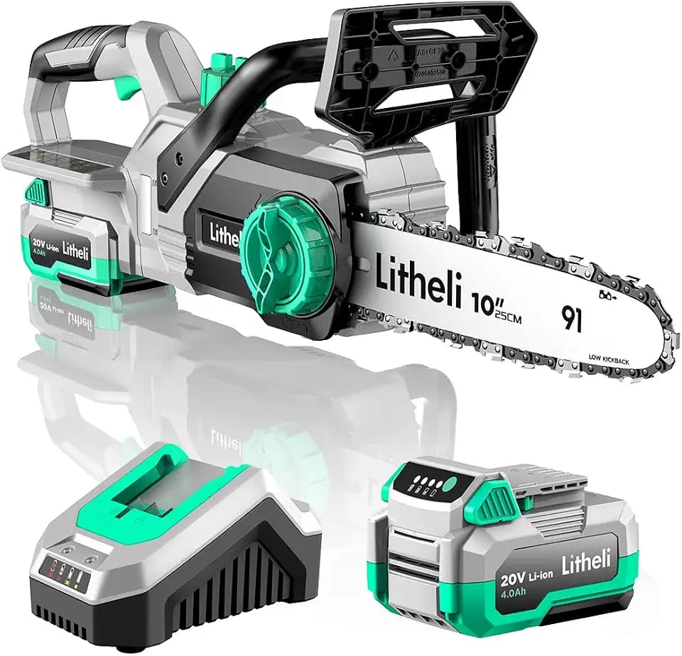 Litheli Chainsaw 10-inch, Portable Electric Chainsaw Cordless, Battery Operated Chain Saw with 4000 mAh,Mini Saws for Trees Cutting Home Garden(Battery & Charger included)