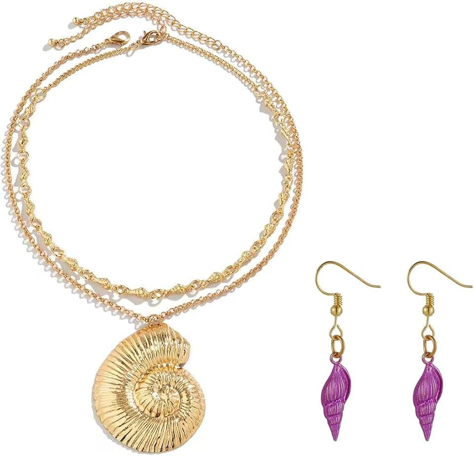 Layered Gold Conch Seashell Earring Necklace Choker Necklaces Jewelry Witch Necklace for Costume Accessory