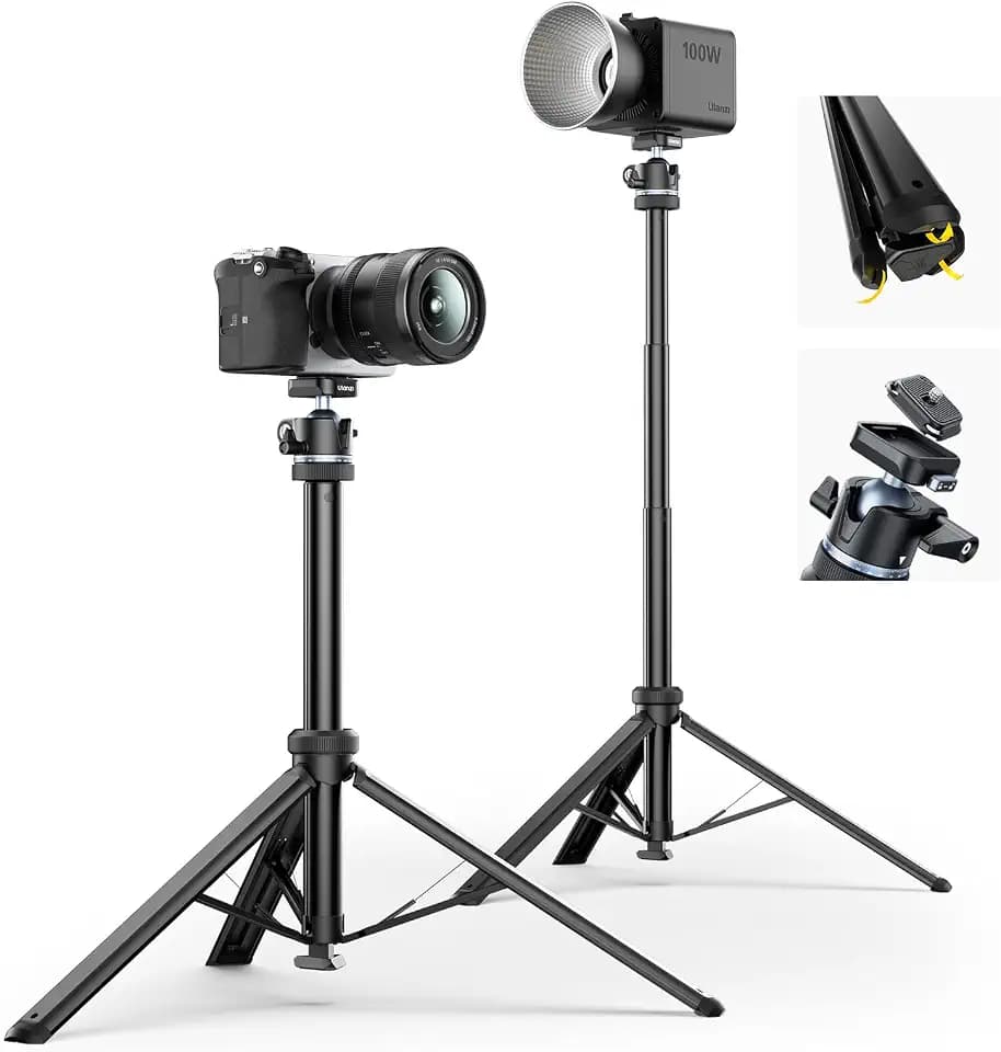ULANZI MT93 Universelles 1/4'' Kamera Stativ Lichtstativ [Automatisch Ausklappend] 160cm Alu, Uka Schnellwechsel, 360° Kugelkopf, 5KG Traglast für Kamera, Licht, Livestream, Outdoor (Schwarz)