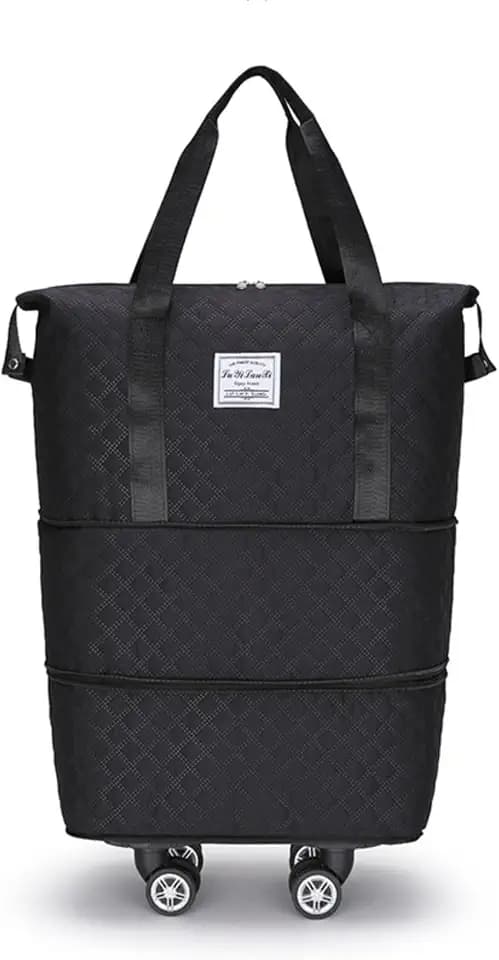 Rolling Duffle Bag with Wheels, Expandable Travel Duffel Bag with Detachable Spinner Wheels & Wet Pocket, Large Waterproof Travel Tote Bags Carry On Overnight Bag Hospital Bag Black