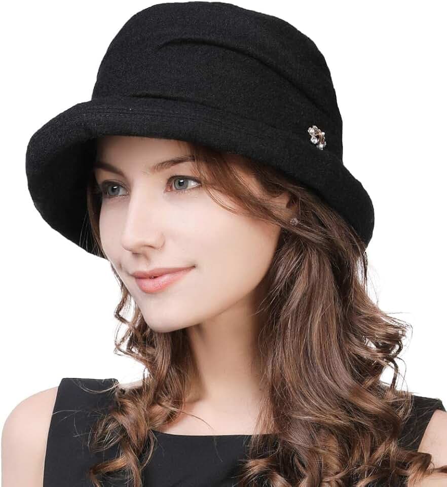 Fancet Damen Wolle Eimer Hut Winter 1920er Vintage Cloche Bowler Hut Modische Derby Kirche Hüte für Frauen, 16060_Black, L