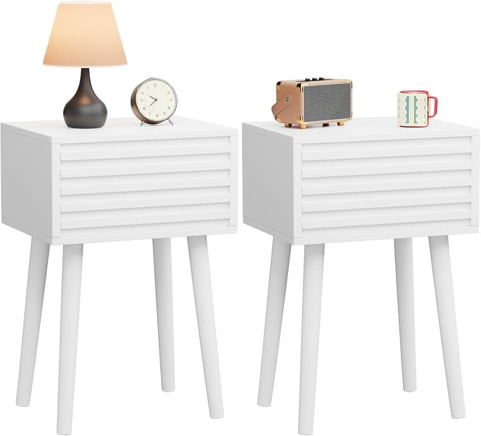 YMYNY Nachttisch 2er Set, Beistelltisch, Mid-Century-Modern Nachtschrank mit Drucktüröffner, Massivholz Beinen, 35x27x53 cm, Sofatisch, Couchtisch für Wohnzimmer, Schlafzimmer Weiß HST018W-2