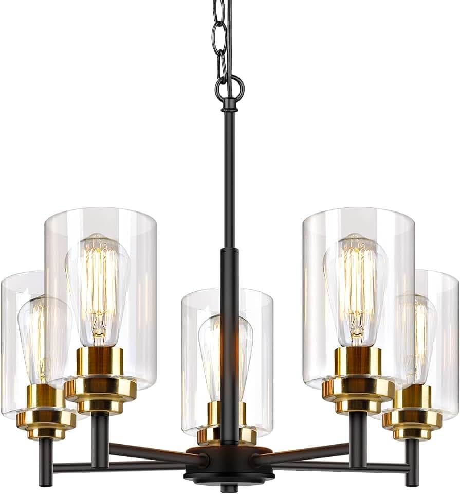 D19.8" Chandelier for Dining Room, 5-Light Black and Gold Light Fixture