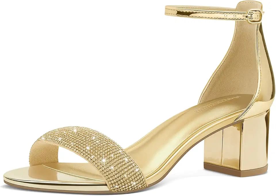 PIZZ ANNU Women's Low Block Chunky Heels Sandals Comfortable Open Toe Ankle Strap Party Dress Pump Shoes Strappy Buckle Heeled Sandal with 2 Inches Tall Thick Heel Design