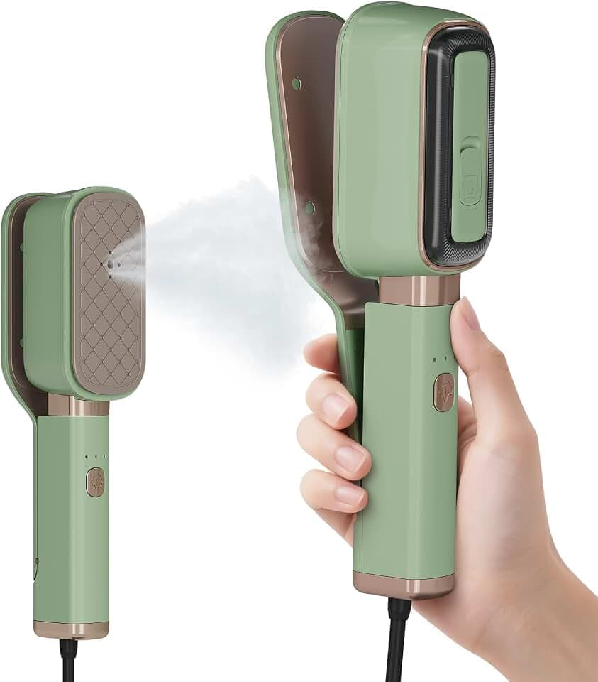 Handdampfbügeleisen für Kleidung, 3-in-1-Mini-Reisebügeleisen, um 180° drehbar, 1000 W, 15 Sekunden Schnellaufheizung, tragbarer Faltenentferner für Kragen und Manschetten (Matcha-Grün)