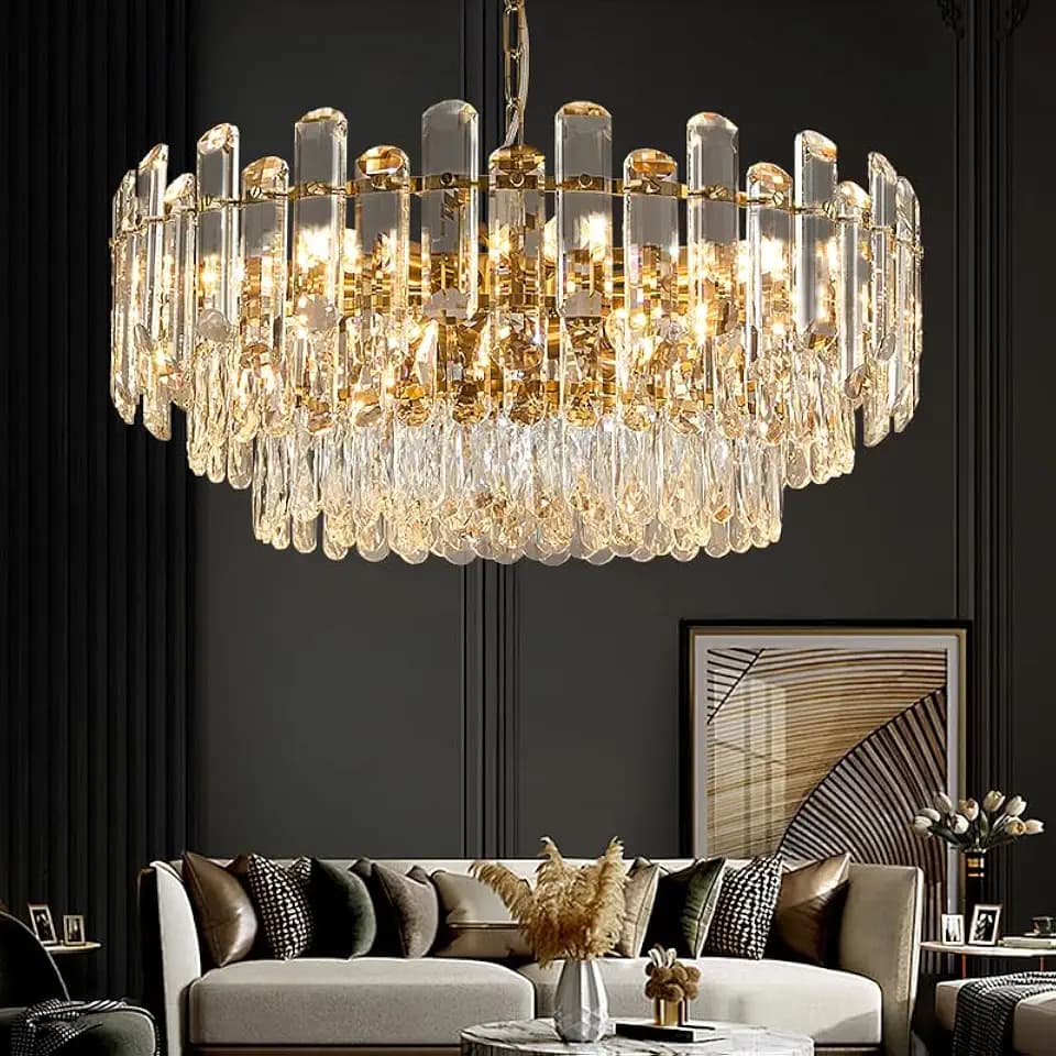 23.6" Gold Crystal Chandeliers Fully Transparent Crystal Modern3-Tier Luxury Pendant Light 12-Light Ceiling Pendant Lighting for Dinning Room Living Room Foyer