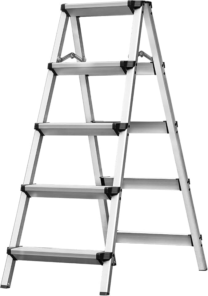 Miscoos Trittleiter, Aluminium Leiter, 5 Stufen klappbar, kleine beidseitig besteigbare, rutschfeste und stabile Haushaltsleiter, belastbar bis 150 kg, Silber