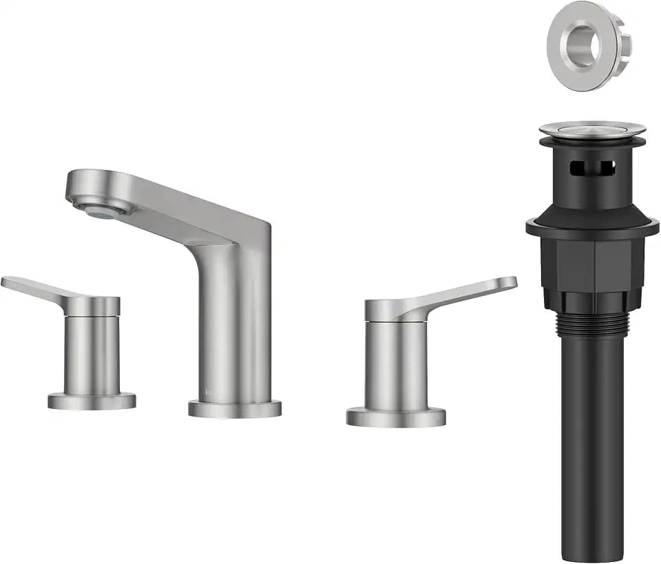 KRAUS Indy Widespread Bathroom Faucet in Spot-Free Brushed Nickel with 2 Handles, Pop Up Drain and Supply Lines, FUS-14103SFBN