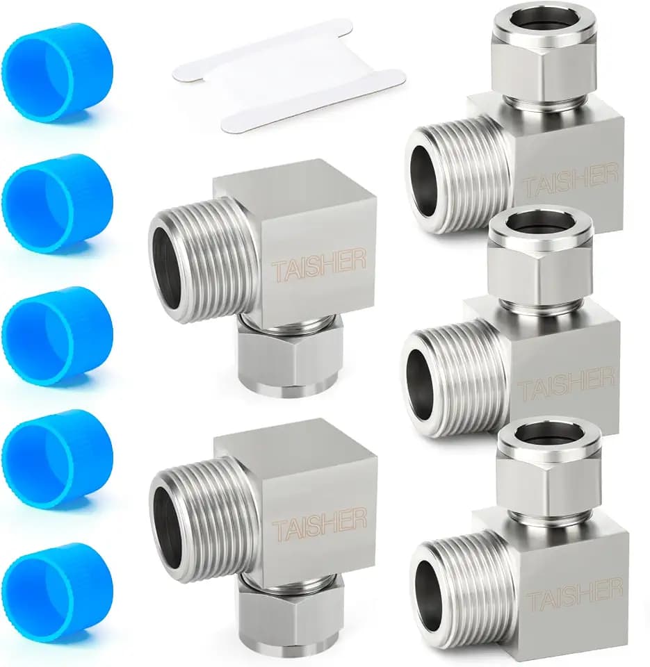 TAISHER 5PCS 304 Stainless Steel Square 90 Degree Compression Tube Pipe Fitting Connector, 1/4" Tube OD x 1/4" NPT Male Adapter