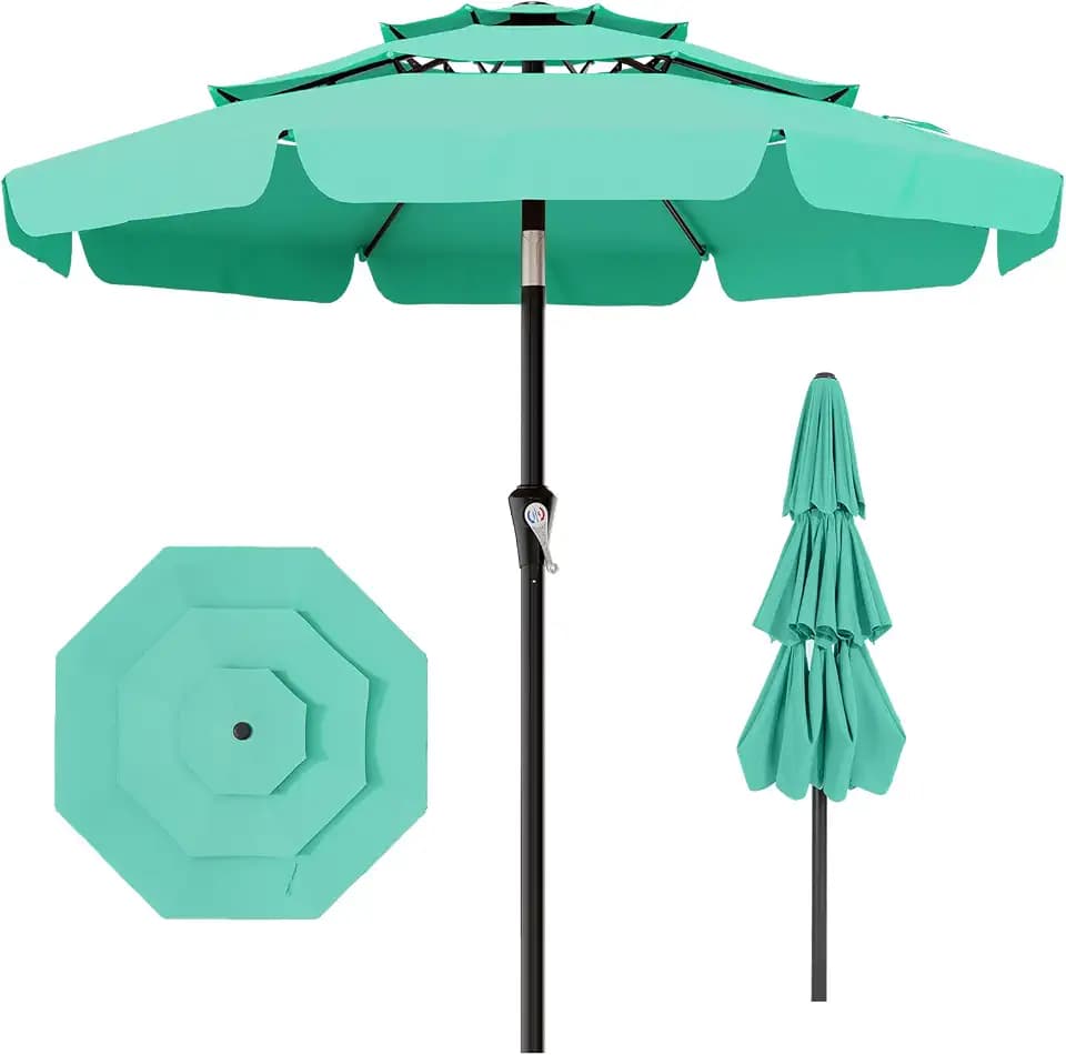AreShark 9FT 3-Tier Patio Outdoor Umbrella with Valance & Tilt, Aqua Sky