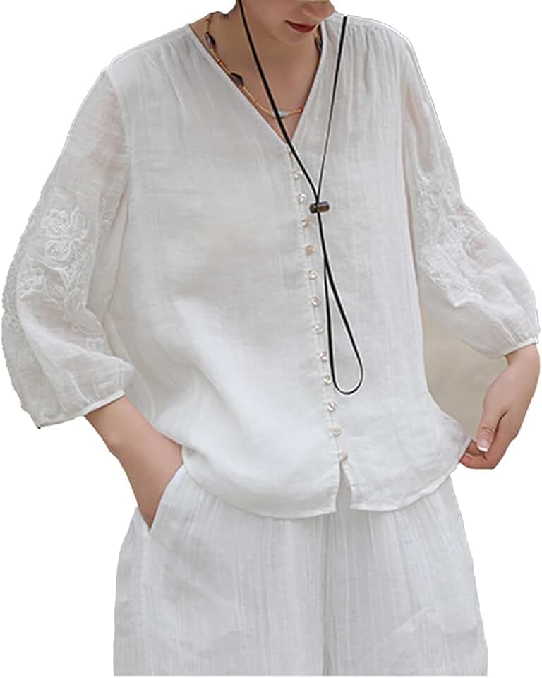 Women's Linen Shirt V-Neck 3/4 Sleeve Loose Fit Blouse - Breathable Embroidered Summer Top with Buttons