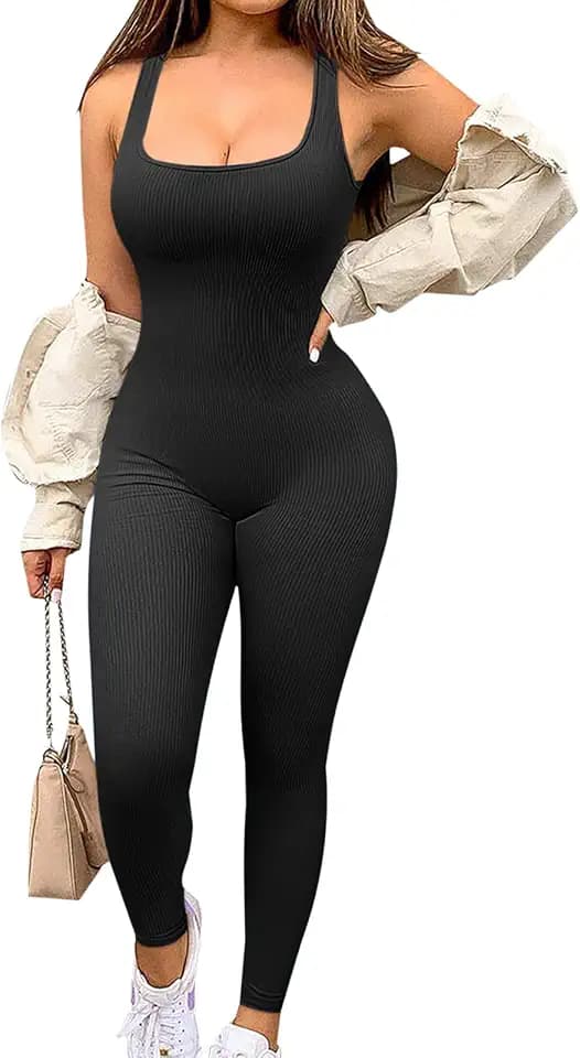 Jetjoy Damen Sport Jumpsuit Lang Yoga Armellos Bodycon Einteiler Ganzkörperanzug Stretch Elegant Jumpsuit,Schwarz,S