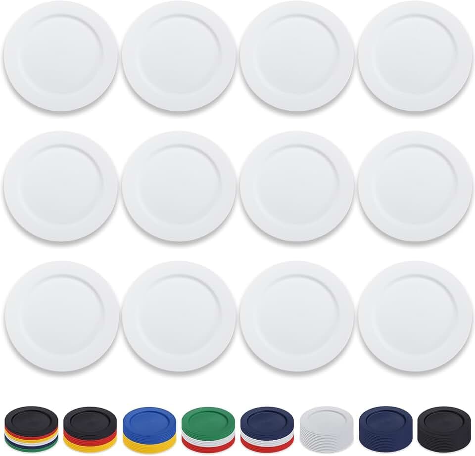 Berglander Weiße Kunststoff teller Set 12 Stück 25cm, mehrweg flache Speiseteller, Salatteller, Nudelschalen, Geschirrset leicht zu tragen für Zuhause, Garten, Picknick, Camping, Outdoor