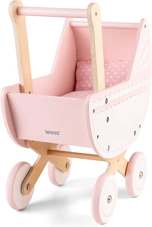 Woet Rosa Holz-Puppenwagen mit Bettwäsche, für Puppen bis 38 cm | Babypuppenwagen, Holz-Puppenbuggy, Decke und Kissen, gummierte Räder, fürsorgliches Rollenspiel, ab 3 Jahren