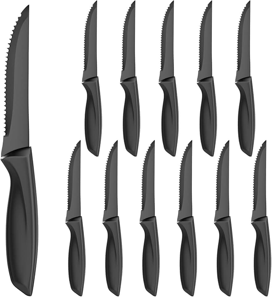 Chiluxendo Steakmesser Set 12 Teilig, Frühstücksmesser Scharfe, Brötchenmesser Spülmaschinenfest, Tomatenmesser Rostfreier Stahl, Messer Wellenschliff, Messer Besteck, Tafelmesser Scharf(Schwarz)