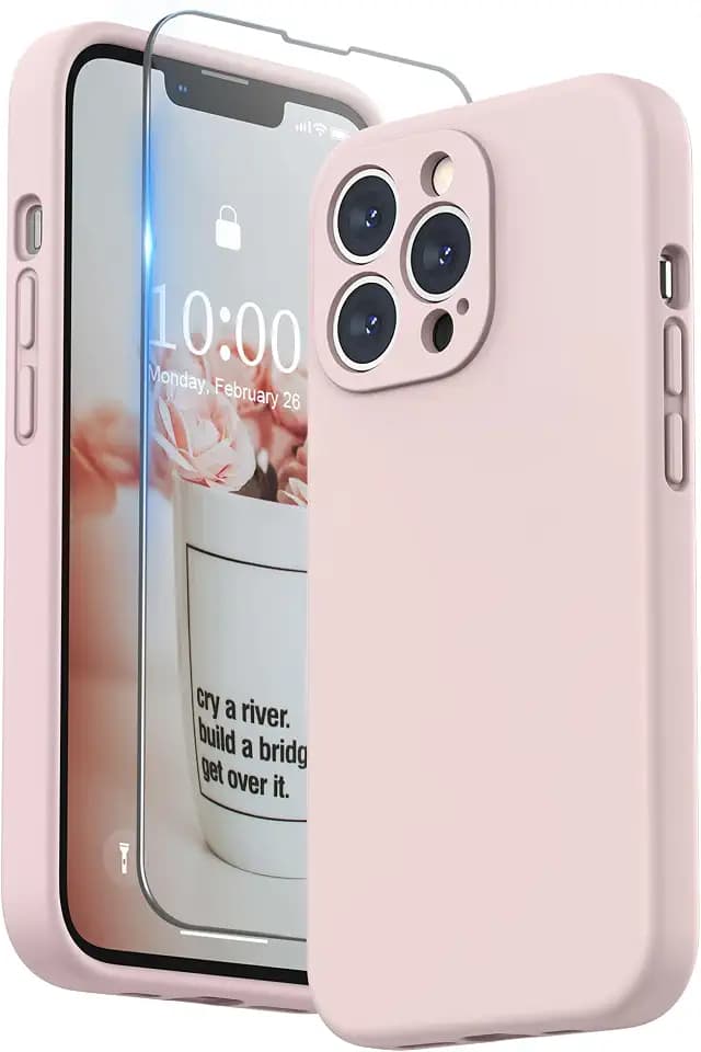 SURPHY Case for iPhone 13 Pro Case with Screen Protector, 13 Pro Liquid Silicone Phone Cases (Camera Protection & Soft Microfiber Lining), Pink Sand