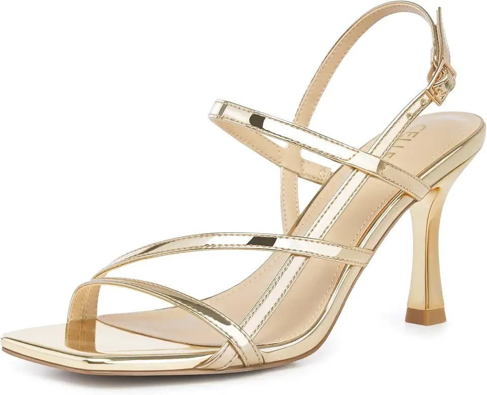 CELLENZ Women Strappy High Heels: Square Open Toe Slingback Sandals, Dressy Sexy Comfortable Kitten Heeled, Prom Party Wedding Black White Gold Nude