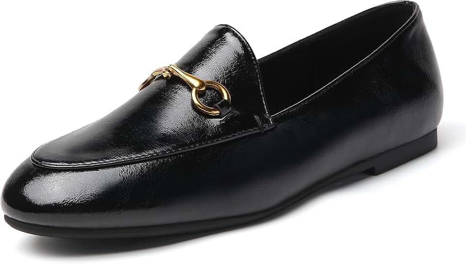 Women's Classic Bit Loafers – Structured Faux Leather Business Work Flats, Comfortable Slip On Dress Shoes with Gold Metal Buckle (Updated True Size)