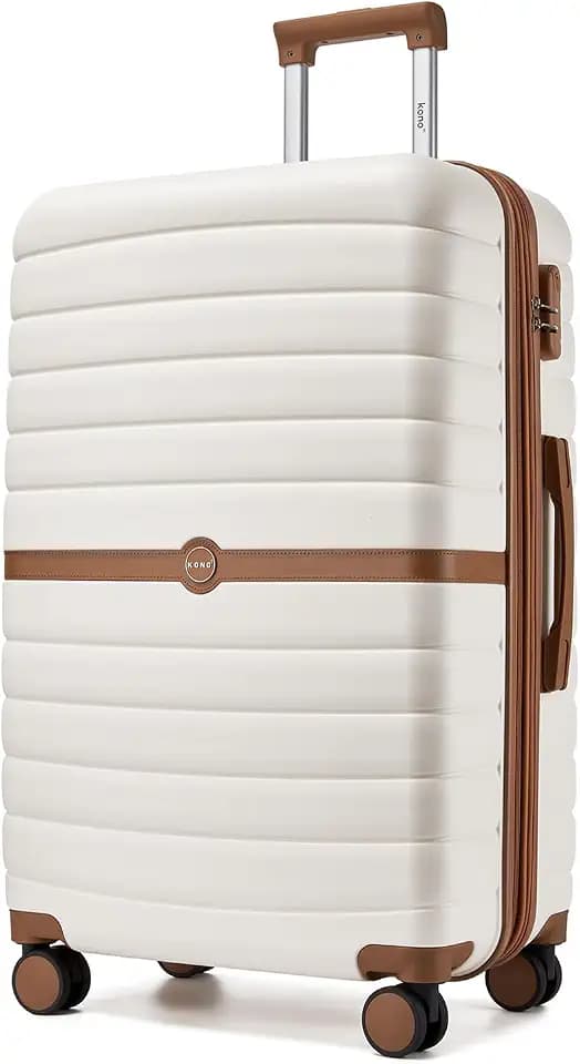 Kono Expandable 28 Inch Luggage with Spinner Wheels, Large Checked Luggage with Lock, Lightweight & Anti-Scratch PC+ABS Hardshell Travel Suitcase, White/Brown