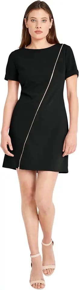 Donna Morgan Women's Short Sleeve Scuba Crepe Dress with Zipper Detail