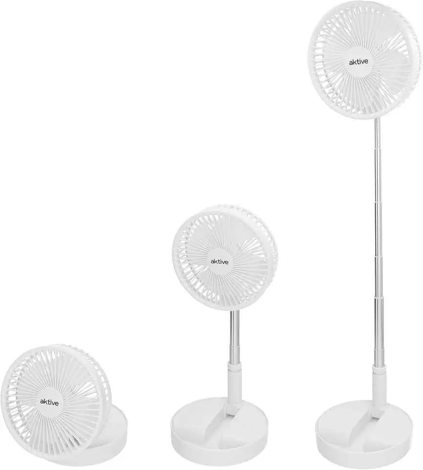 AKTIVE Kabelloser Ventilator, kompakt, faltbar, 19,7 x 19,7 x 19,7 x 97,5 cm, 4 Luftmodi, Dauer 2 – 6 Stunden, Teleskoprohr 36 – 83 cm, USB-Ladegerät inklusive, wiederaufladbar in 4,5 Stunden