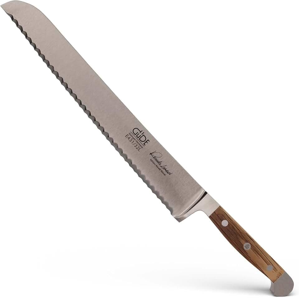 GÜDE Solingen - Brotmesser Linkshänder geschmiedet, 32 cm, Fasseichenholz, ALPHA FASSEICHE, Doppelkropf, Handmade Germany