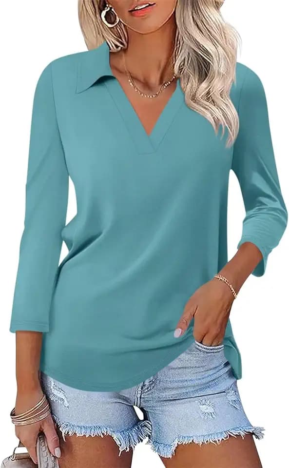 ORANDESIGNE Womens 3/4 Length Sleeve Tops Collared V Neck Polo Shirts