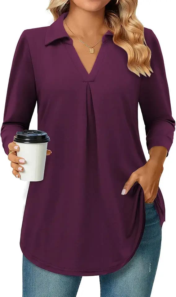Siddhe Damen V-Ausschnitt Bluse 3/4 Ärmel Oberteile Tunika Tops Locker Longshirt Lässige T-Shirt Langarm Hemd