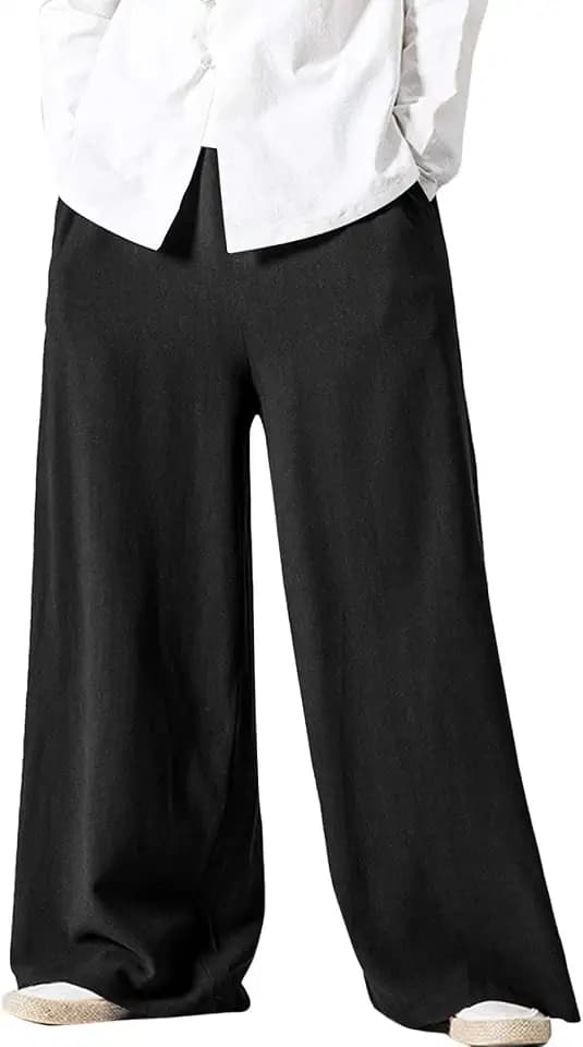 Flygo Linen Pants Men Casual Wide Leg Baggy Trousers with Pockets