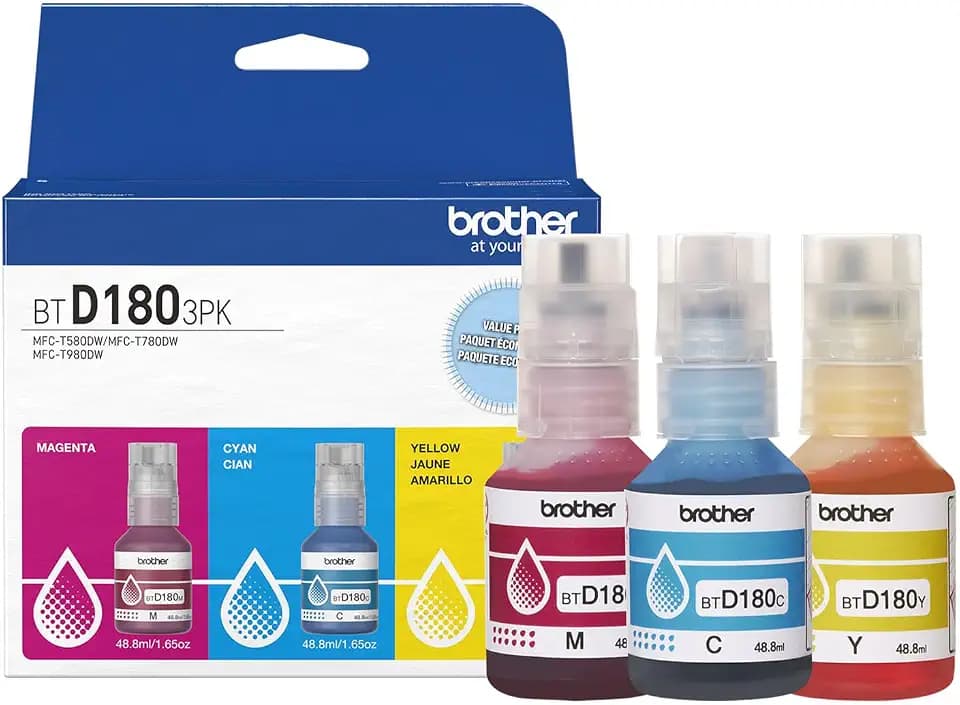Brother Genuine BTD1803PK 3-Pack High Yield Cyan, Magenta, and Yellow Ink Bottles (for use with INKvestment Tank 580, 780, and 980 Printers)
