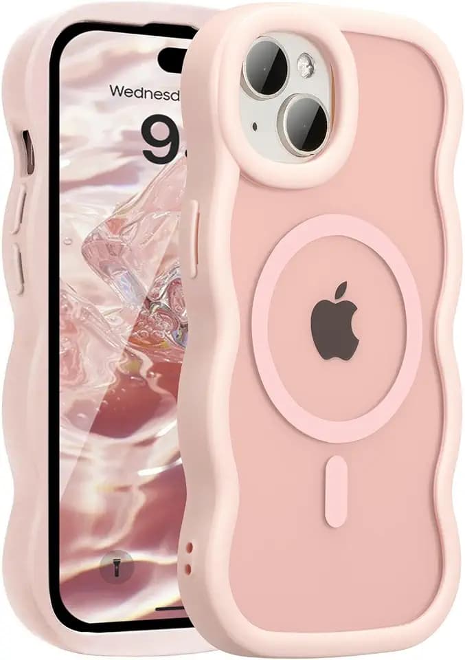 UEEBAI Magnetic for iPhone 14 Case & iPhone 13 Case, Compatible with MagSafe, 2025 Transparent Wave Frame Design Soft Edge Cover Cute Clear Matte Shockproof Protective Phone Cover, Pink