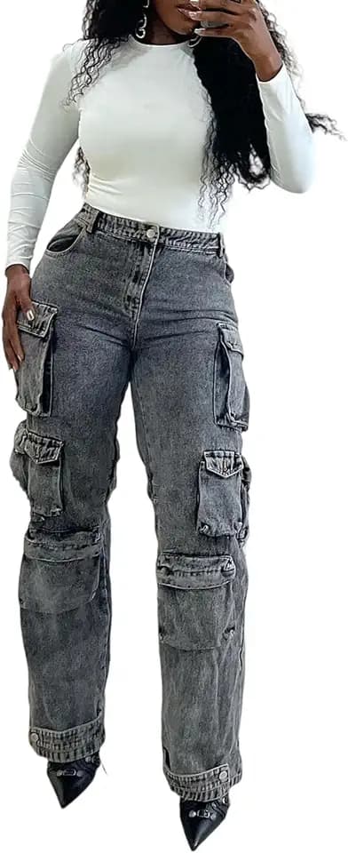 LKOUS Women's Cargo Baggy Straight Jeans Streetwear Y2K Multi Pocket
