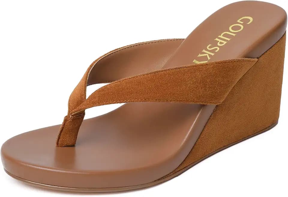 Suede Wedge Flip Flops for Women Open Round Toe Platform Sandals Slip On Comfortable Wedge Heels Sandals for Summer Vacation Beach Shoes