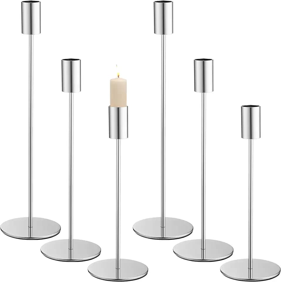 6-Teiliges Set Kerzenhalter Silberner,Kandelaber Stabkerzen 33/28/23CM,Säulenförmige Kerzenhalter in 3 Verschiedenen Höhen für Hochzeit,für Partys, Abendessen, Heimdekoration