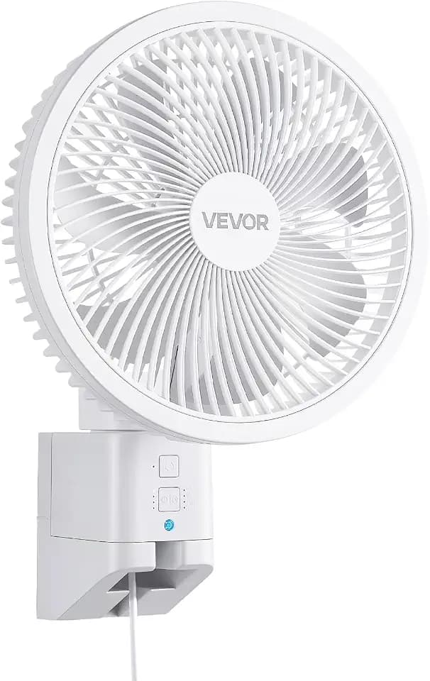 VEVOR 8.5 in Wall Mount Fan, Oscillating Hanging Fan with Remote Control, 10 ft Powerful Airflow, DC Motor, 4 Speeds & Timer, Auto 90° Horizontal & Manual Vertical Tilt, Ideal for Home, Office, RV