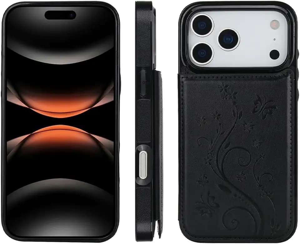 for iPhone Case,Retro Slim PU Leather Flower Butterfly Pattern Wallet,Card Holder Slots Full Body Military Grade Protection Soft Shockproof Phone Case (iPhone 17 Pro Max,Black)