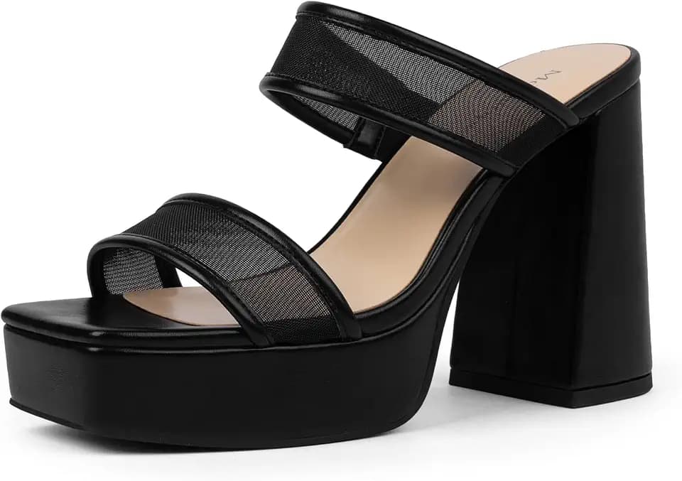Platform Heels for Women Square Open Toe Chunky Heel Two Strap Sandals
