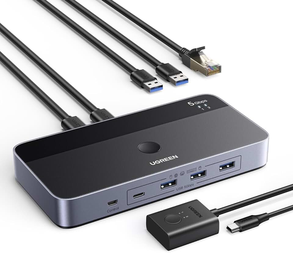 UGREEN USB 3.0 Switch for 2 PCs Simultaneous Internet Access & Sharing USB Devices, USB Switcher Sharing Keyboard and Mouse, Built-in Gigabit Ethernet Adapter, Includes 2 USB Cables & Controller