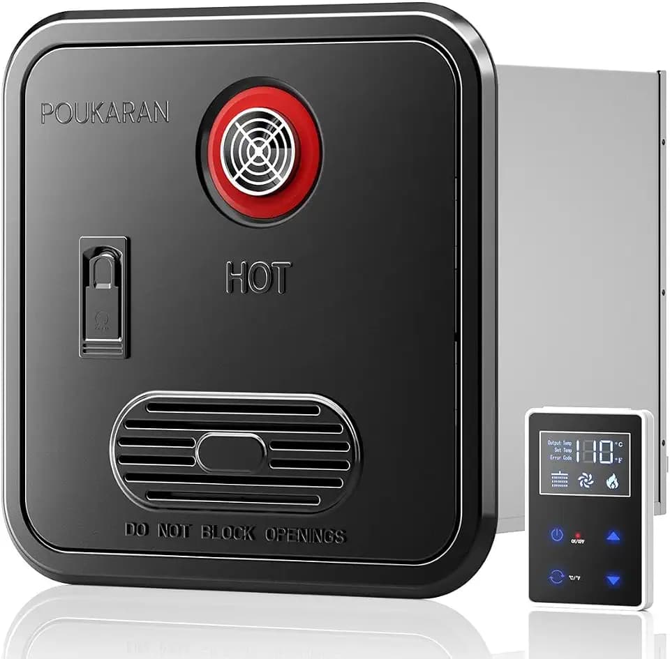 65,000 BTU RV Tankless Water Heater, 12V DC, 15x15 inch Black Door