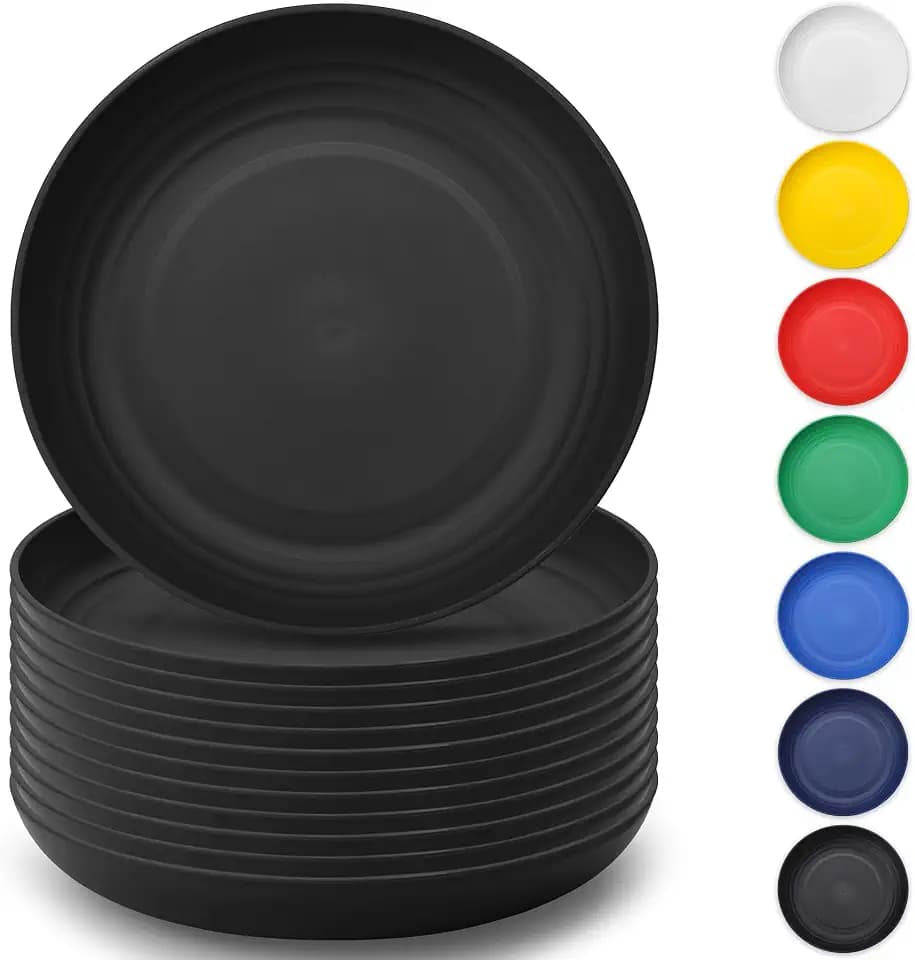 Berglander Schwarz Plastik Teller Set 12 teilig 23cm, mehrweg unzerbrechliche Speiseteller, Salatteller, Nudelschalen, Geschirr Leichtes Tragen für Picknick, Camping, Garten, im Freien