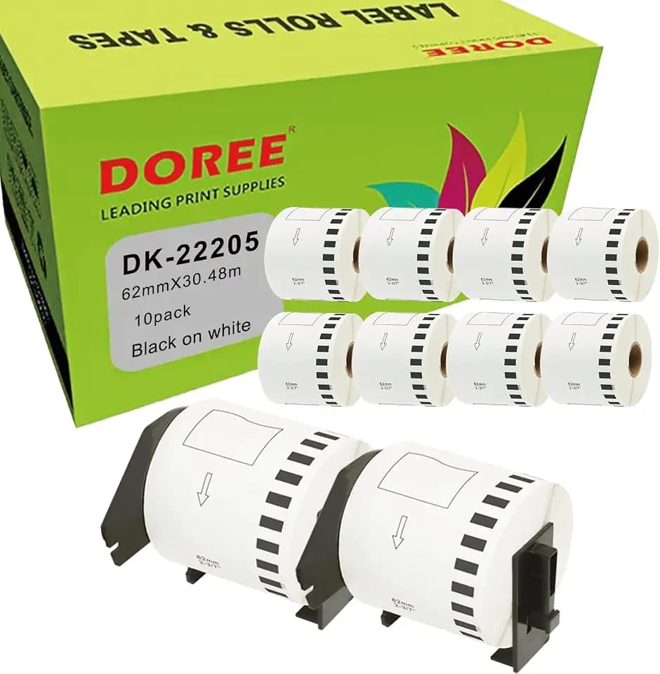 Doree 10 Rollen DK22205 62 mm x 30,48 m Endlosetiketten mit 2 Halterungen