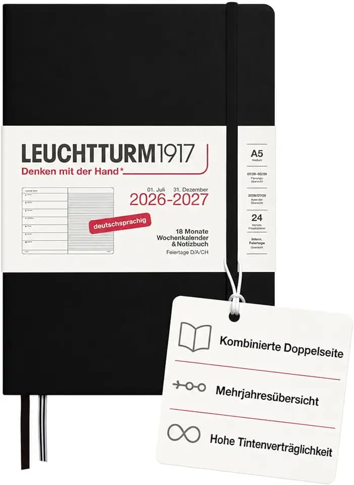 LEUCHTTURM1917 Wochenkalender 2027 A5 mit Notizbuch, liniert - Terminplaner Deutsch, 18 Monate Juli 2026 - Dezember 2027, Schwarz, Hardcover, 210 x 145 mm, Wochenübersicht links + Notizseite rechts
