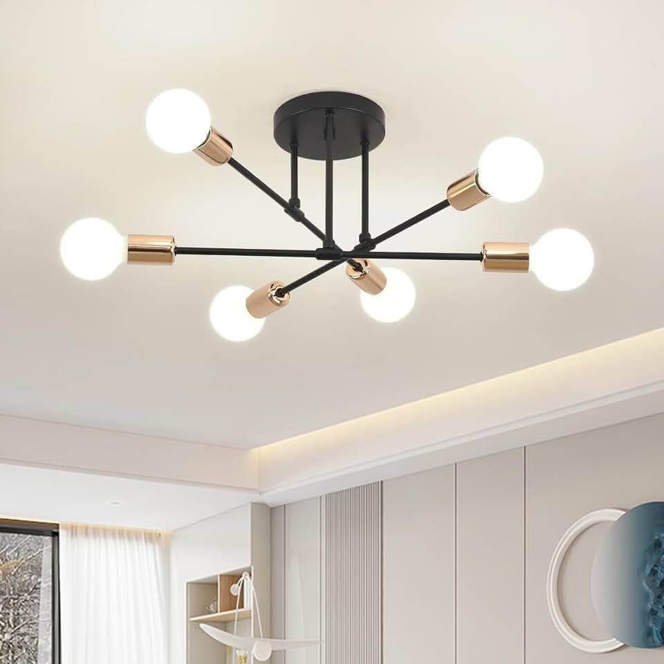 ZYDTRIP Moderner Sputnik Kronleuchter 6 Flammig Vintage schwarze Deckenleuchten Halbbündige Montage Metall E27-Fassung für Home Office Hotel Bar Wohnzimmer Esszimmer Schlafzimmer Küche