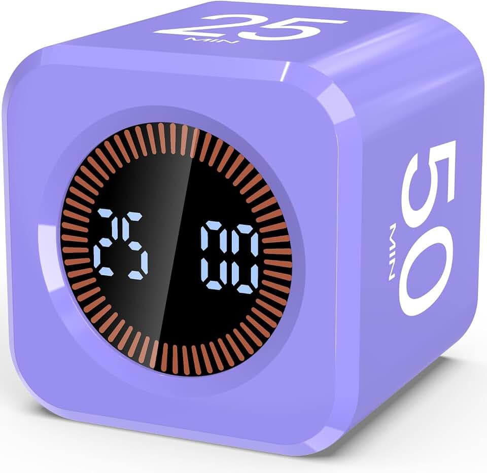 Pomodoro Timer Cube, Visueller Würfel-Timer für Kinder, Digitale LED Drehbarer Timer mit 5/10/25/50 Min & Custom Countdown, Lautlos/Ton Modi, USB-C für Lernen, Arbeit, Küche, ADHS (Violett)