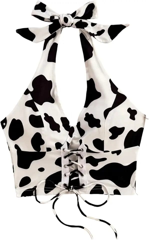 SHENHE Women's Cow Print Backless Halter Neck Crop Top Western Cowgirl Tank